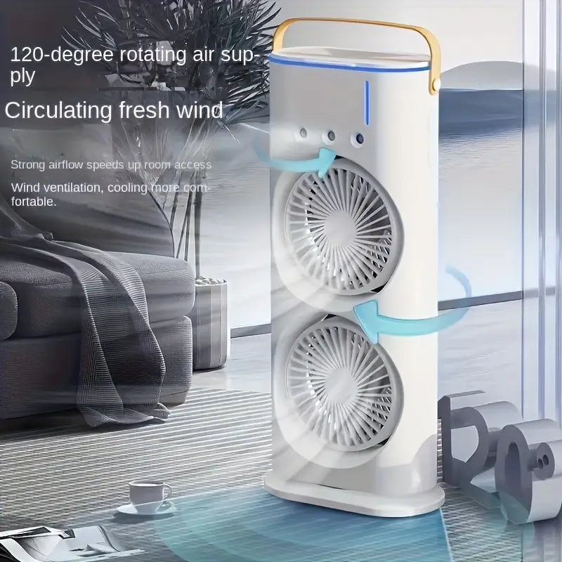 USB Mist Fan Tower – Dual Motors, 3000mAh Battery, Quiet & Powerful Cooling