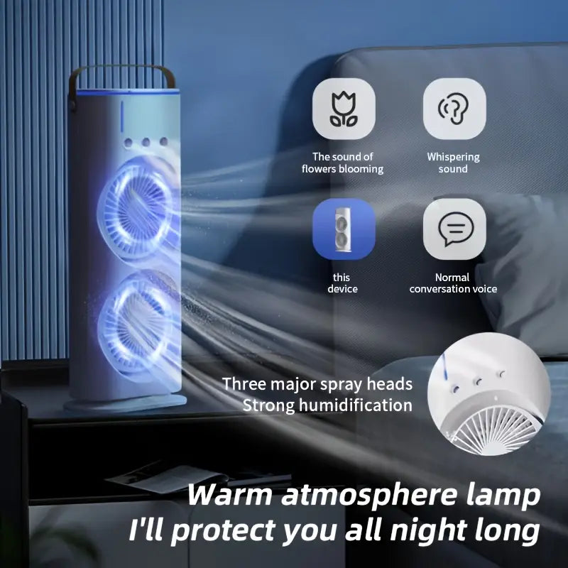 USB Mist Fan Tower – Dual Motors, 3000mAh Battery, Quiet & Powerful Cooling