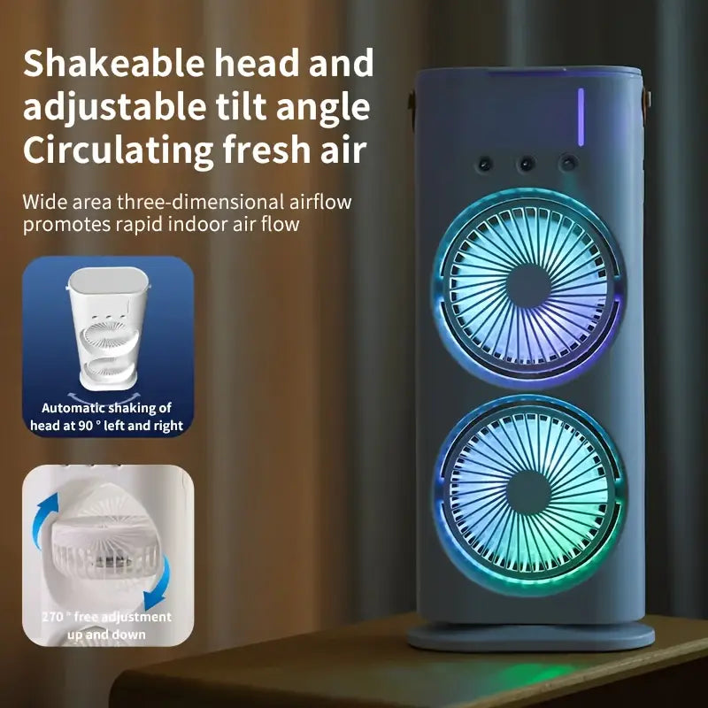 USB Mist Fan Tower – Dual Motors, 3000mAh Battery, Quiet & Powerful Cooling