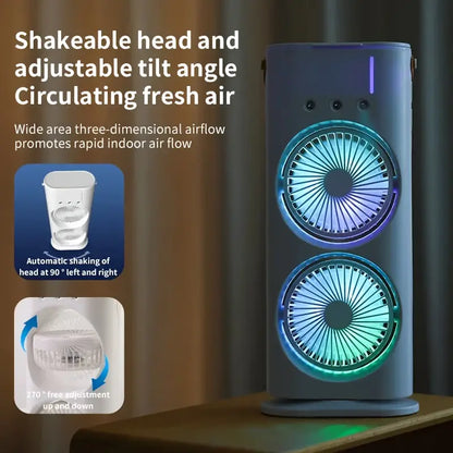 USB Mist Fan Tower – Dual Motors, 3000mAh Battery, Quiet & Powerful Cooling