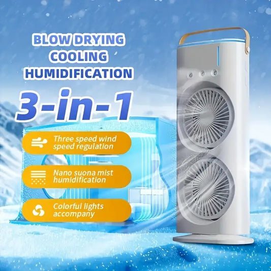 USB Mist Fan Tower – Dual Motors, 3000mAh Battery, Quiet & Powerful Cooling